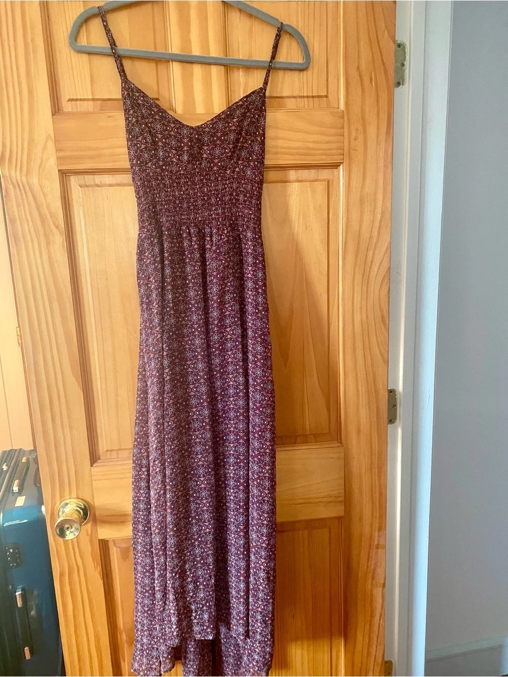 Abercrombie & Fitch Boho Sheer Overlay Maxi Dress Open Back Smocked Burgundy S